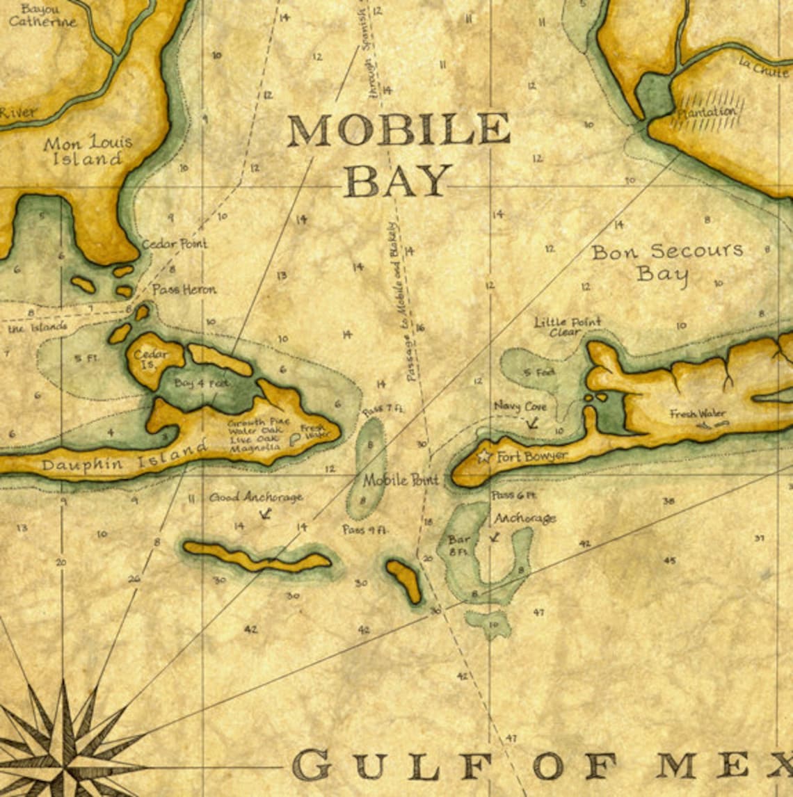 Mobile Bay Map Art c. 1820 14 x 19 Mobile Bay Etsy