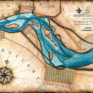 Chutes de la rivière Ohio 27,4 x 35,4 cm + - carte artistique des chutes de la rivière Ohio - dessinée à la main - Louisville - rivière Ohio - cartes de la rivière - Kentucky - Indiana