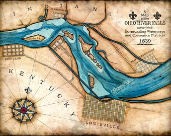 Ohio River Falls 11" x 14"+ - Artistic Map of the Ohio River Falls - Hand Drawn - Louisville - Ohio River - River Maps - Kentucky - Indiana