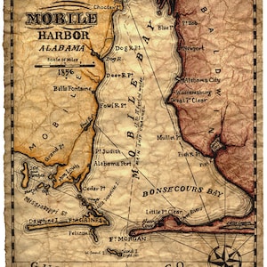 Mobile Bay Map Art - Mobile Harbor c.1865 - Oude Kaarten en Prenten - Mobiel - Dauphin Island - Alabama - Eastern Shore - Fairhope - Mobile Bay