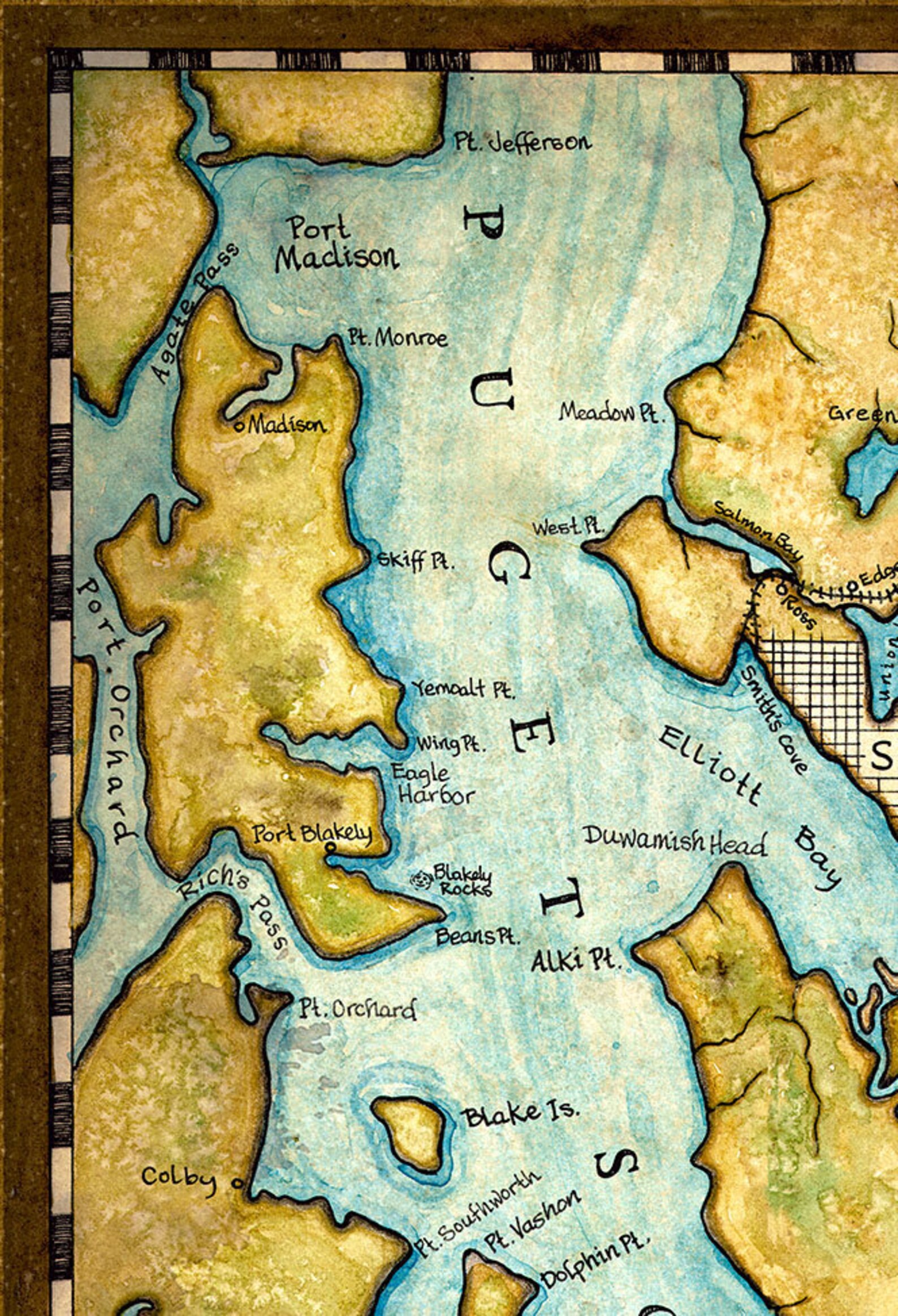 Puget Sound Map Art C.1890 Puget Sound Map Seattle Seattle | Etsy