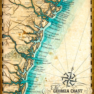 Art de la carte de la côte de Géorgie v. 1865, 30,5 x 30,5 cm +, dessinée à la main, carte de la Géorgie, Jekyll Island, St. Simons Island, Savannah, Brunswick, Darien, Tybee