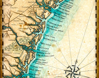 Georgia Coast Map Art c. 1865, 11" x 14" +, Hand Drawn, Georgia Map, Jekyll Island, St. Simons Island, Savannah, Brunswick, Darien, Tybee