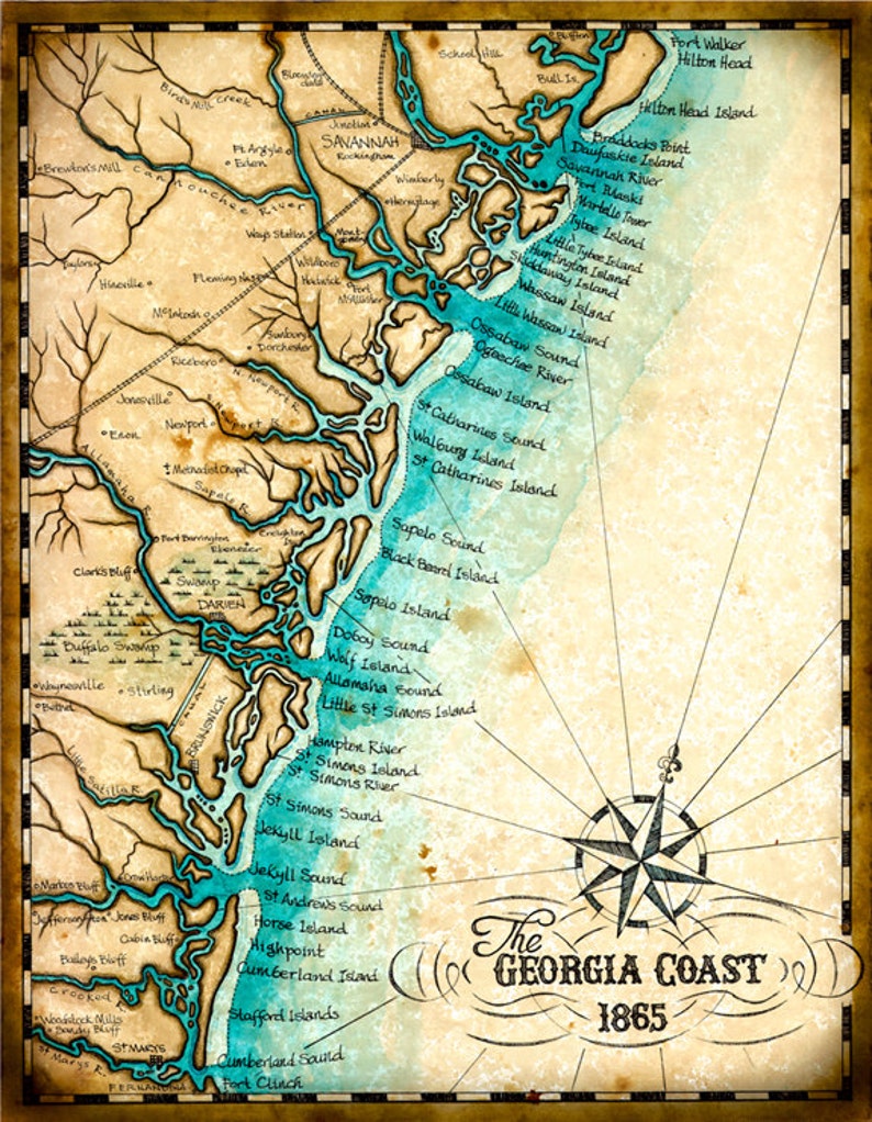 Georgia Coast Map Art ca. 1865, 11 x 14 , Handgezeichnet, Georgia Karte, Jekyll Island, St. Simons Island, Savannah, Braunschweig, Darien, Tybee Bild 1