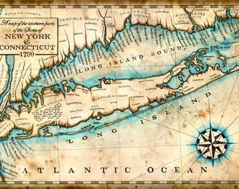 Long Island, New York Map Art c.1799, 11" x 17" +, Connecticut Map, New York Map - Manhattan - Long Island - New York - Long Island Sound