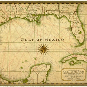 Kaart Golf van Mexico ca. 1927 14" x 19" +, kaart, oude kaarten en prenten, kaarten van Florida, Cuba, kaarten Gulf Coast, Savannah, Key West, Texas Maps