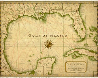 Gulf of Mexico Map Art c.1927 14" x 19" +, Map, Old Maps and Prints, Maps of Florida, Cuba, Gulf Coast Maps, Savannah, Key West, Texas Maps