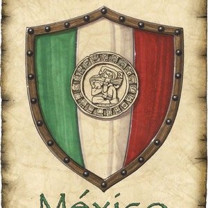Mexico Crest Artwork, Mexico, Mayan Calendar, Aztec Calendar, Mexican Flag, Mexico Shield, El Tri, Cancun, Cozumel, Acapulco, Mexico City