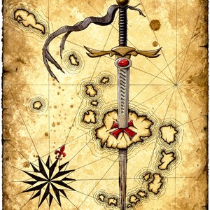 Lámina de la Isla de la Espada, Espadas, Armas Medievales, Espada Pirata, Rosa de los Vientos, Mapas de Islas, Pergamino, Piratas, Arte Pirata, Mapas Náuticos