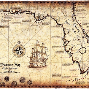 Treasure Map Of The Southeast Limited Edition, 16&quot; x 22&quot; Treasure Map, Shipwrecks, Shipwreck Map, Gulf of Mexico, Old Maps, Treasure Coins