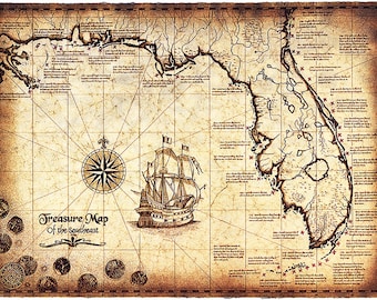 Treasure Map Of The Southeast Limited Edition, 16" x 22" Treasure Map, Shipwrecks, Shipwreck Map, Gulf of Mexico, Old Maps, Treasure Coins