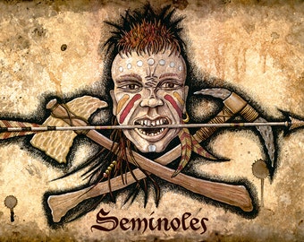 Seminole Warrior Artwork, Native American Art, Seminoles, Seminole Nation, Florida, Arrowheads, Tomahawks, Bow and Arrow, Florida State, FSU