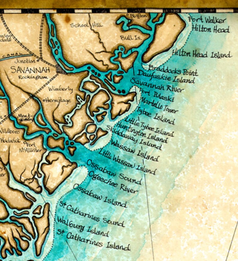 Georgia Coast Map Art ca. 1865, 11 x 14 , Handgezeichnet, Georgia Karte, Jekyll Island, St. Simons Island, Savannah, Braunschweig, Darien, Tybee Bild 2