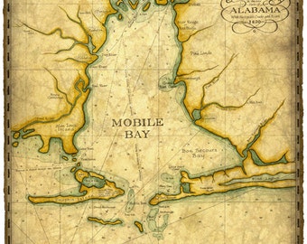 Mobile Bay Map Art c. 1820 14" x 19 +" - Mobile Bay Map - Old Maps and Prints - Mobile - Mobile Bay - Eastern Shore - Fish River - Fairhope