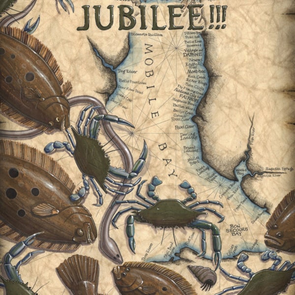 Jubilee Art Print, Mobile Bay Jubilee 11" x 14"+, Eastern Shore Jubilee, Flounder and Crabs, Mobile, Fairhope, Daphne, Mullet Point