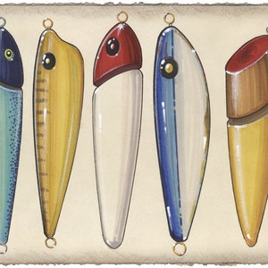 Antique Fishing Lure Art Print 5.5 x 10+ - Fish Art Prints - Lakehouse - Beach House - Fishing - Lures - Antiques - Fish Prints - Sport Fish