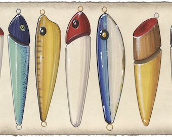 Antique Fishing Lure Art Print 5.5 x 10+ - Fish Art Prints - Lakehouse - Beach House - Fishing - Lures - Antiques - Fish Prints - Sport Fish