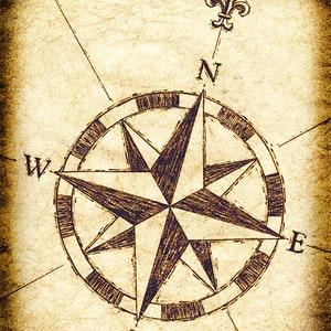 Compass Rose Artwork 11 x 14, mapas antiguos, mapas del tesoro, brújula, vela, navegación, diseño náutico vintage, impresión de arte náutico