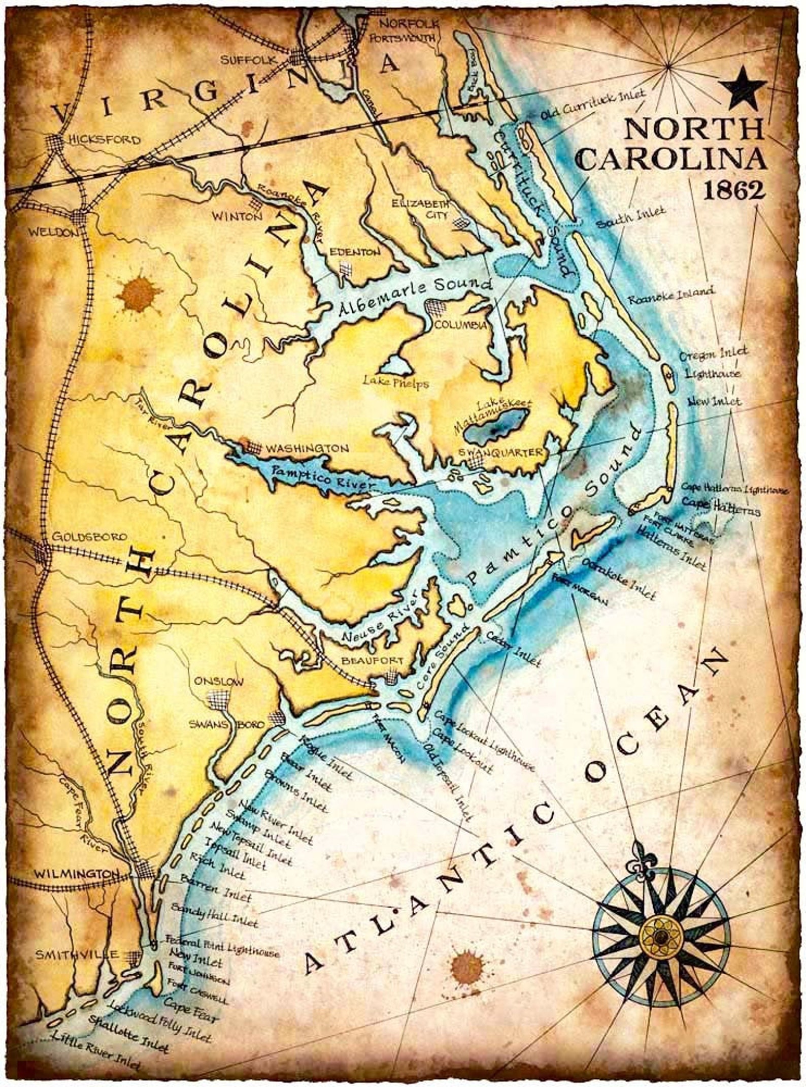 North Carolina Coast Map Art C.1862 11 X 15 Hand Drawn - Etsy