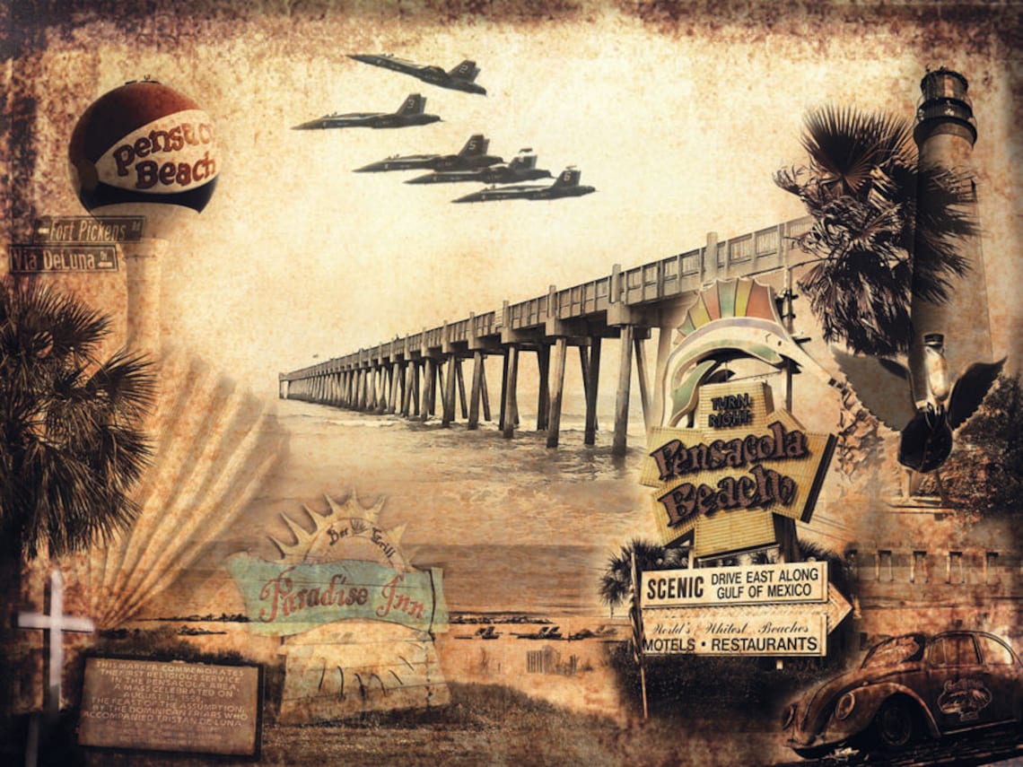 Pensacola Beach Collage Vintage Pensacola Beach Art Print Etsy