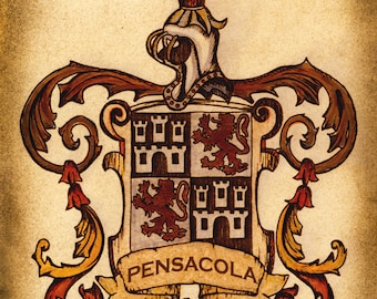May include: A vintage-style coat of arms with a red and gold crest, a shield with a red lion and a white castle, and a banner with the text "PENSACOLA 1559".