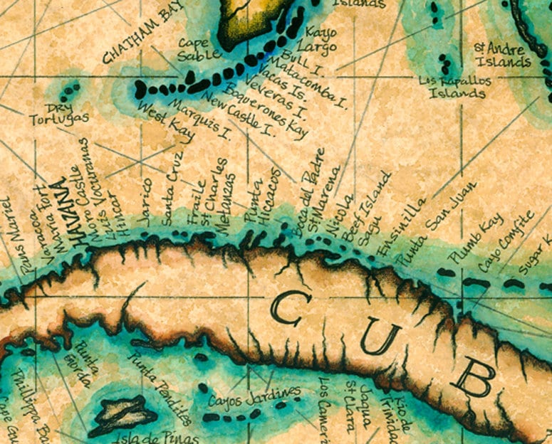 額装品　古地図　1670年頃　J.オーギルビー　「カーボべルデ諸島」海図 カリブ海地図 1770、カリブ海と西インド諸島の古い海図、最大 60 x 40