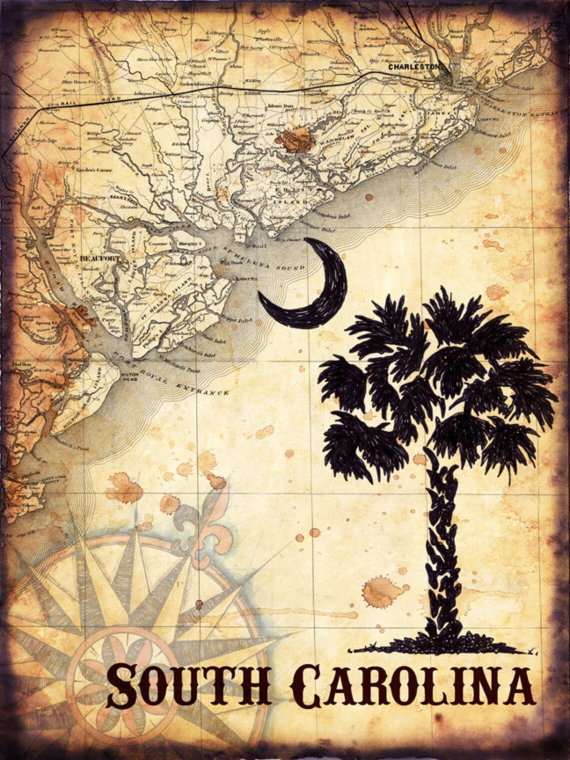South Carolina Map Art Palmetto State Charleston South - Etsy