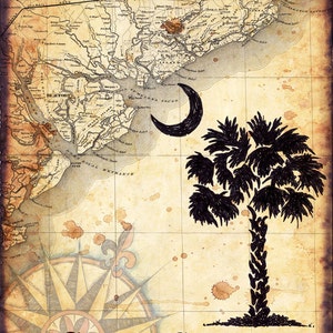 Carolina del Sur Mapa Arte - Palmetto State - Charleston - Carolina del Sur - Palmetto Tree and Crescent Moon - Beaufort - Hilton Head Island - SC