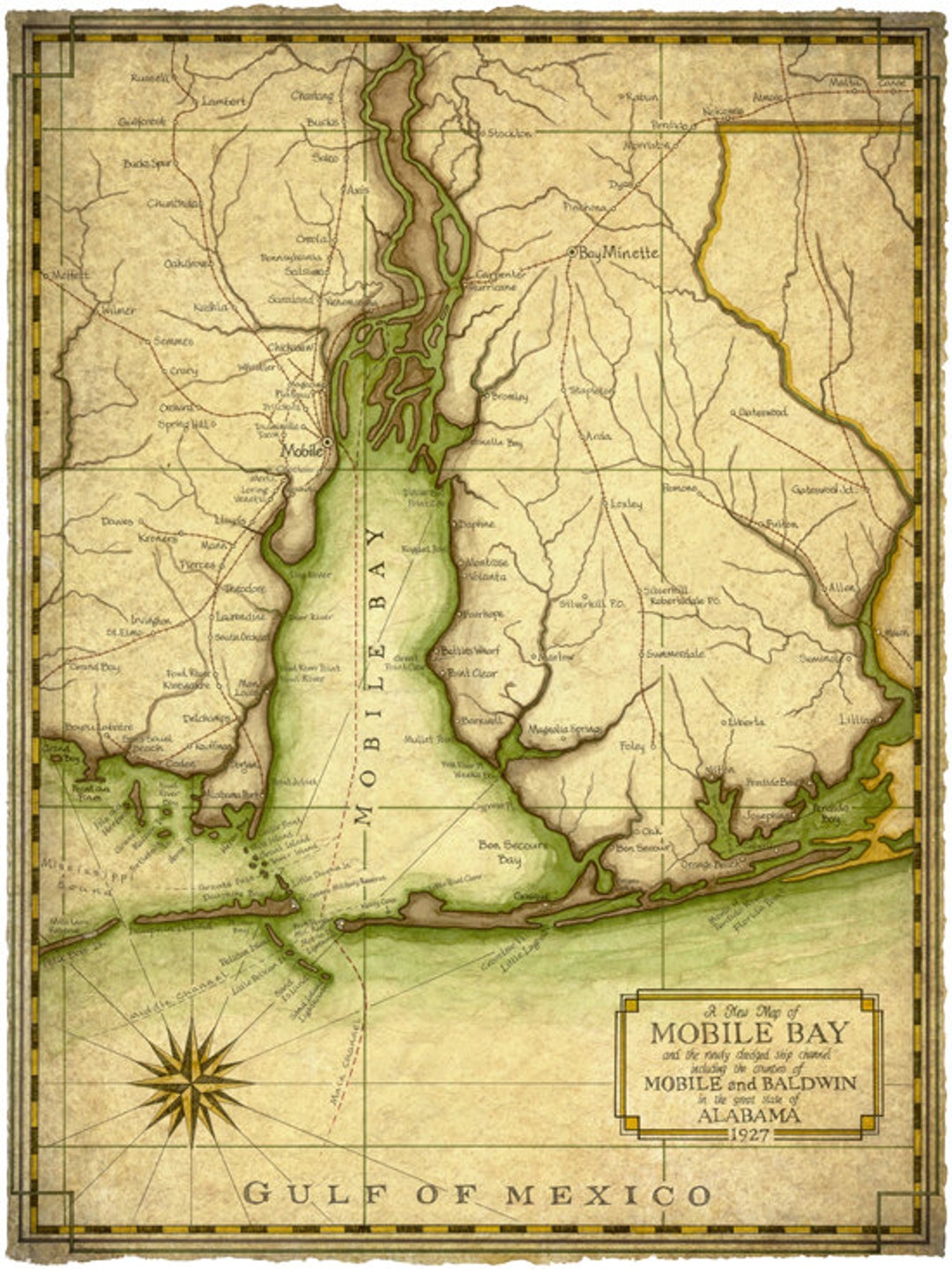 Mobile Bay Map Art C.1927 14 X 19 Gulf of