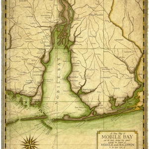 Mobile Bay Map Art c.1927 - 14 "x 19 +" + Golf von Mexiko - Mobile Bay - Alabama - Alte Karten - Seekarten - Schatzkarte - Mobile - Kunstwerk
