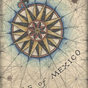 Compass Rose Art Print 8x10+ , Compass Rose - Arte Náutico - Mapas e impresiones antiguas - Golfo de México - Arte de la costa del Golfo - Mapas - Carágrafa - Azul