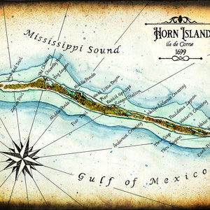 l'île Horn ; Côte du Mississippi ; Mississippi ; Walter Anderson ; Golfe du Mexique ; 1699 ; Ocean Springs, Biloxi, Gulfport, Détroit du Mississippi, Cartes