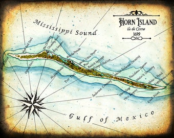 Horn Island; Mississippi Coast; Mississippi; Walter Anderson; Gulf of Mexico; 1699; Ocean Springs, Biloxi, Gulfport, Mississippi Sound, Maps