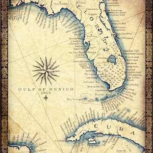 Florida kaart Art Print c.1865 11 "x 14"+, hand getrokken oude kaart van Florida met Cuba, Miami South Beach en de Florida Keys to Key West kaart