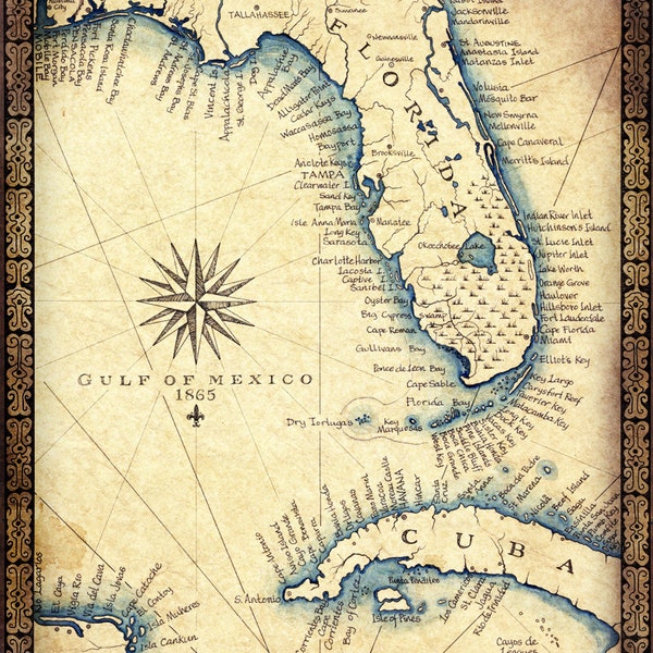 Florida Map Art Print c .1865 11" x 14"+, Hand Drawn Old Florida Map With Cuba, Miami South Beach and the Florida Keys to Key West Map