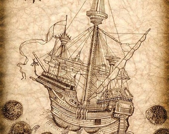 Pirate Ship Art Print 11 x 14, Spanish Galleon with Treasure Coins Surrounding; Pirate Ship Sailing Away With Jolly Rogers Flying