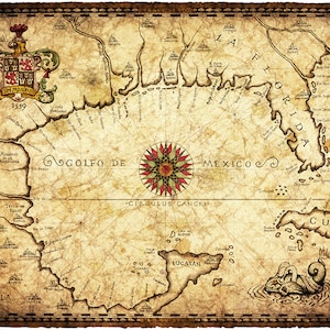 1559 Golf van Mexico kaart kunst 14 x 19 +, nieuwe wereld, ontdekken, Spaanse ontdekkingsreizigers, kaarten van Florida, 16e eeuw, Yucatan, oude kaarten, perkament
