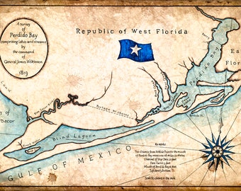 Perdido Bay Map Art c.1819 - 11 x 17 + Perdido Bay - Gulf of Mexico - Alabama Coast - Pensacola - Mobile - Gulf Shores - Orange Beach