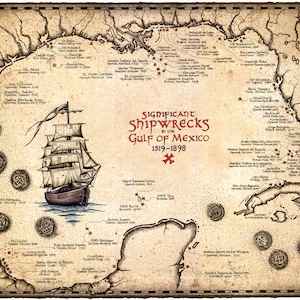 Scheepswrakkaart van de Golf van Mexico Kunstwerk 15 x 19, scheepswrakken, schatkaarten, Atocha, Key West, scheepswrakken, scheepswrakmunten, kaart
