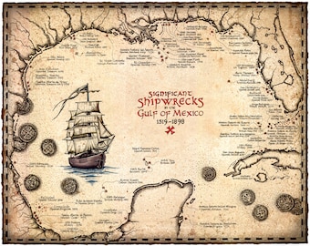 Shipwreck Map Of The Gulf Of Mexico Artwork 15 x 19, Shipwrecks, Treasure Maps, Atocha, Key West, Shipwrecks, Shipwreck Coins, Map