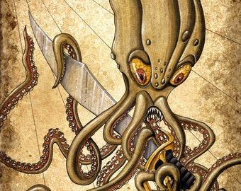 Kraken On A Sword Artwork, Octopus, Sword, Pirates and Treasure, Kraken Sea Creature, Sea Serpants, Old Maps and Ships