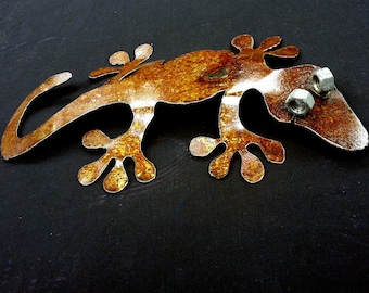 Sculpture Gecko en Métal - 9 » x 15 » Gecko - Lézard - Sculpture en Métal - Applique Murale - Lézard en Métal - Métal - Art Animalier - Art Mural