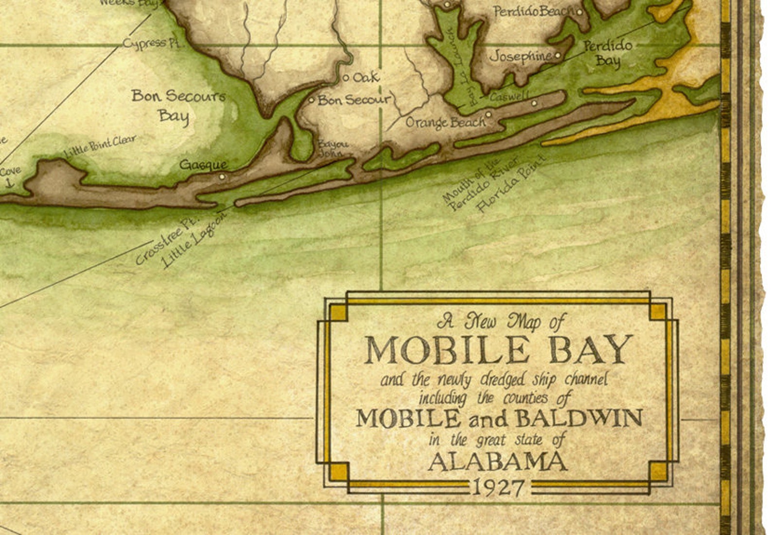 Mobile Bay Map Art C.1927 14 X 19 Gulf of Etsy