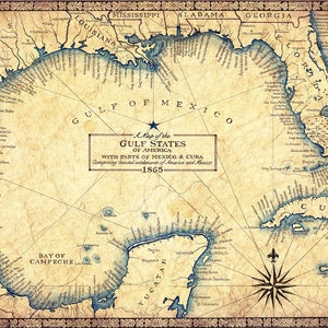 Gulf of Mexico Map Art, c.1865, 14" x 19 +" - Civil War Maps, Old Maps, Florida Maps, Texas Maps, Savannah, New Orleans, Cuba, Yucatan, Maps