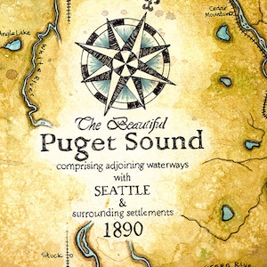 Puget Sound Karte Kunst um 1890; Puget Sound Karte; Portait; “Seattle” Karte; Seekarten; Bundesstaat Washington; Insel Vashon; Maury Island ; Union Bay