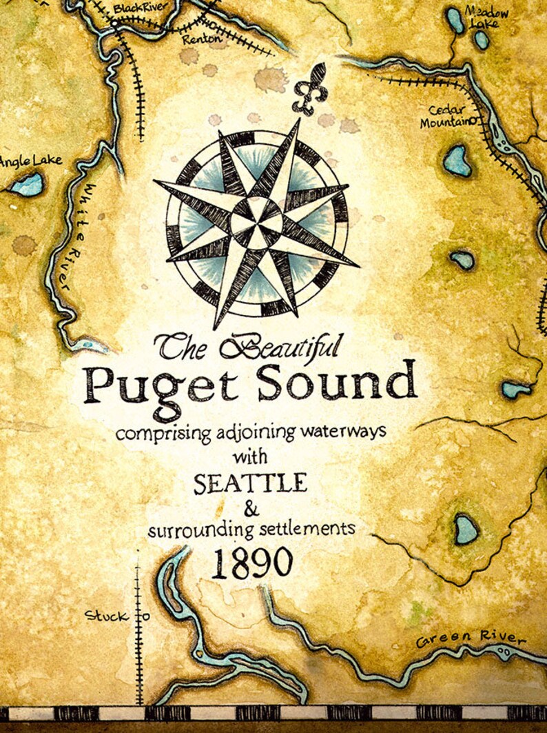 Puget Sound Map Art C.1890 Puget Sound Map Seattle Seattle - Etsy
