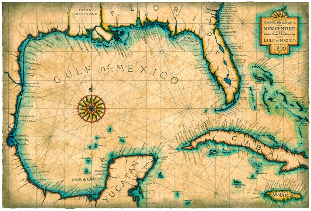 1800 年頃の湾岸およびカリブ海地図アート、古地図、キューバ