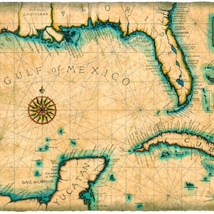 Kaartkunst van de Golf en het Caribisch gebied c. 1800, oude kaarten, Cuba, kaarten van Florida, Yucatan, Mexico, Golf van Mexico, nautische kaarten, perkament, savanne, sleutels