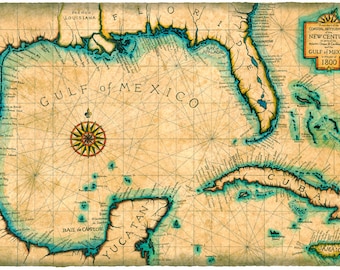 Gulf and Caribbean Map Art c. 1800, Old Maps, Cuba, Florida Maps, Yucatan, Mexico, Gulf of Mexico, Nautical Maps, Parchment, Savannah, Keys