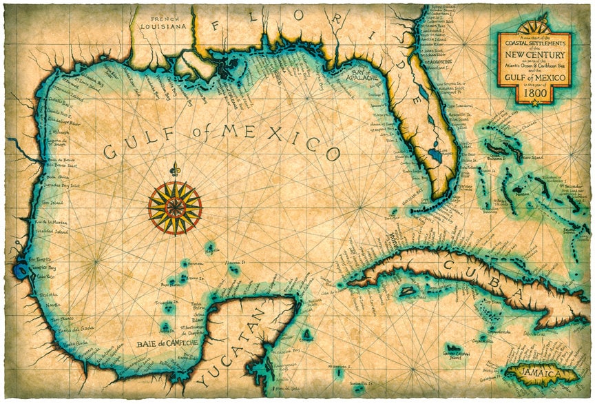 1800 年頃の湾岸およびカリブ海地図アート、古地図、キューバ